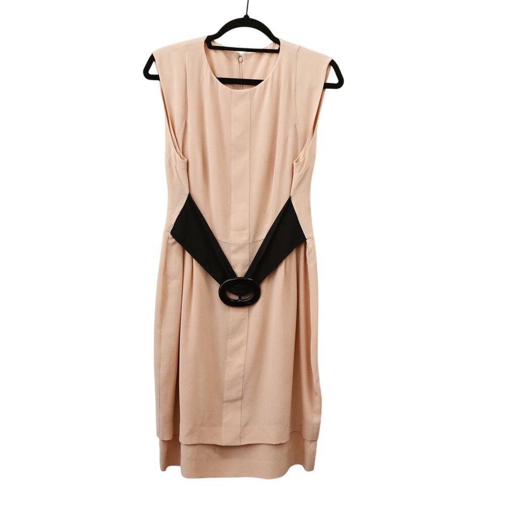 Fendi Beige Sheath Belted Silk Dress Size 46 US 10 Short Sleeve Above Knee